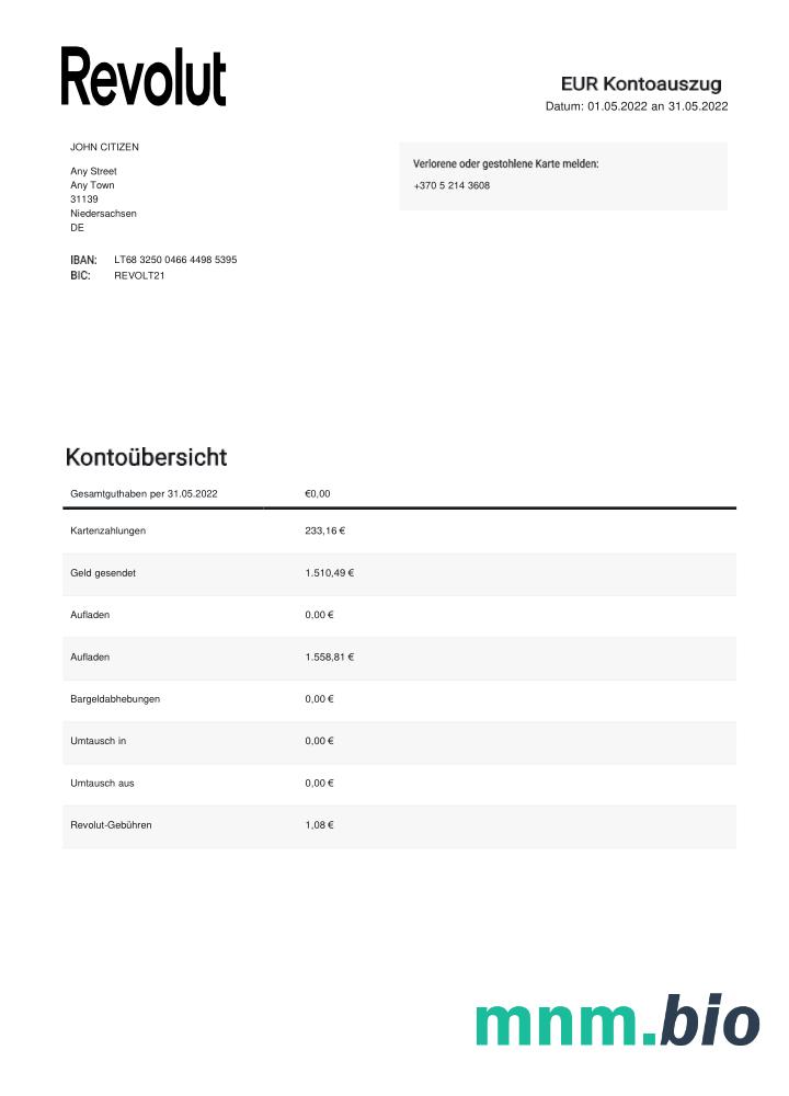 Niemcy Revolut EUR szablon wyciągu bankowego, format Word i PDF, 2 strony
